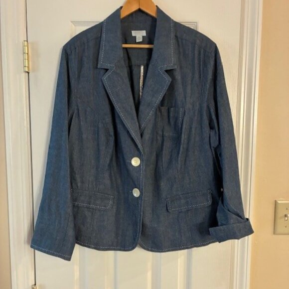 Charter Club Women's Light-Wash Cotton Blue Chambray Denim Blazer Jacket Sz 24W - Picture 1 of 12